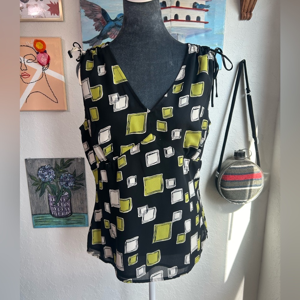 Sz 14  Black Green babydoll vneck sleeveless tie - Y2K Twee preppy side zip